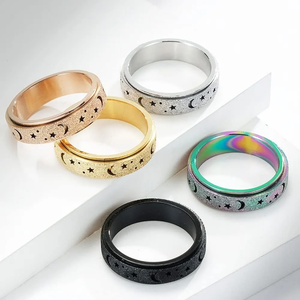 Moon and Star Spinner Ring for Women Men Fidget Ring Frosted Hollow Stainless Steel Rings Anxiety Ring Stress Relieving Engagement Wedding Promise Band Couple Rings
