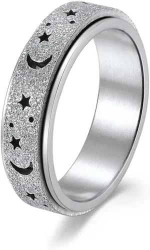 Moon and Star Spinner Ring for Women Men Fidget Ring Frosted Hollow Stainless Steel Rings Anxiety Ring Stress Relieving Engagement Wedding Promise Band Couple Rings