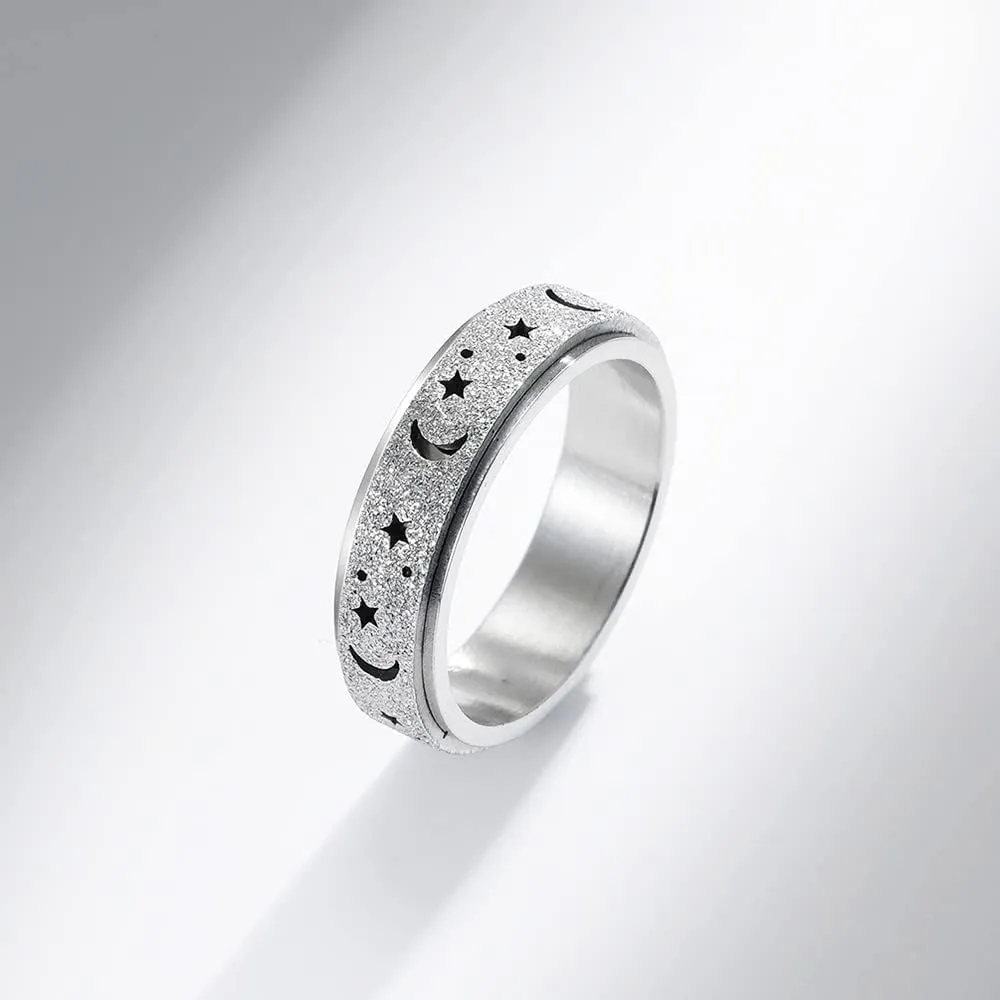 Moon and Star Spinner Ring for Women Men Fidget Ring Frosted Hollow Stainless Steel Rings Anxiety Ring Stress Relieving Engagement Wedding Promise Band Couple Rings