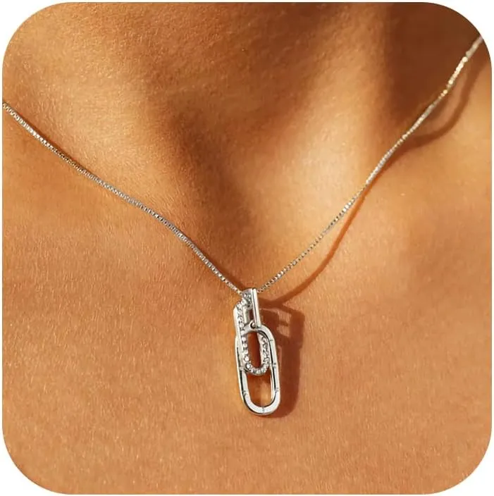 Mother Daughter Necklace Letter Paperclip Necklace 925 Sterling Silver 14K Gold Plated Interlocking CZ Pendant Necklace for Women Trendy Choker Necklace Jewelry