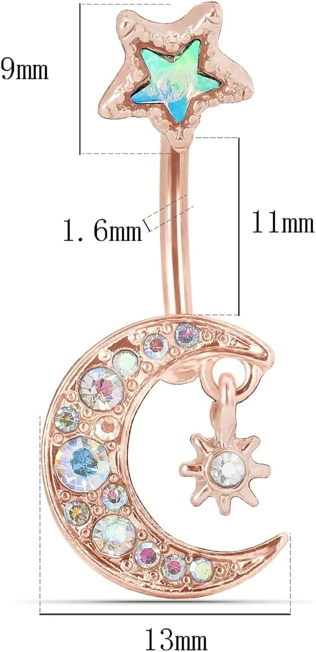 Navel Rings for Women, Belly Button Piercing Belly Button Jewelry Surgical Steel Star Sun and Moon Colorful Cubic Zirconia Belly Button Piercing Jewelry