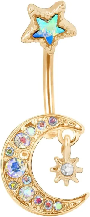 Navel Rings for Women, Belly Button Piercing Belly Button Jewelry Surgical Steel Star Sun and Moon Colorful Cubic Zirconia Belly Button Piercing Jewelry