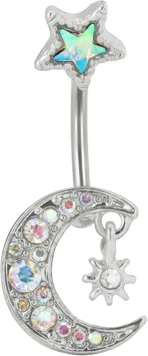 Navel Rings for Women, Belly Button Piercing Belly Button Jewelry Surgical Steel Star Sun and Moon Colorful Cubic Zirconia Belly Button Piercing Jewelry
