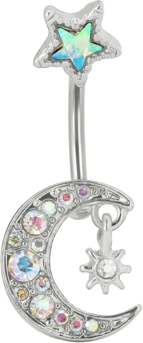 Navel Rings for Women, Belly Button Piercing Belly Button Jewelry Surgical Steel Star Sun and Moon Colorful Cubic Zirconia Belly Button Piercing Jewelry