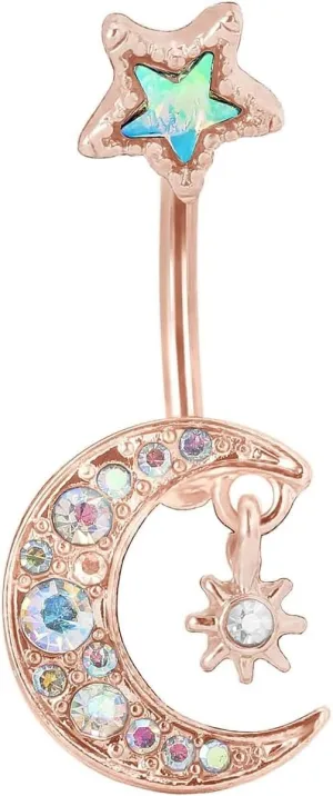 Navel Rings for Women, Belly Button Piercing Belly Button Jewelry Surgical Steel Star Sun and Moon Colorful Cubic Zirconia Belly Button Piercing Jewelry