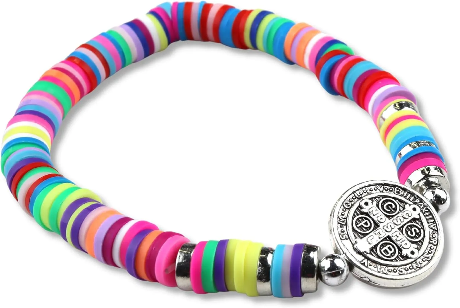 Needzo Saint Benedict Medal Bracelet, Colorful Surfer Inspired Jewelry, Catholic Stretchable Rainbow Beaded Gift, 8 Inches