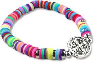 Needzo Saint Benedict Medal Bracelet, Colorful Surfer Inspired Jewelry, Catholic Stretchable Rainbow Beaded Gift, 8 Inches