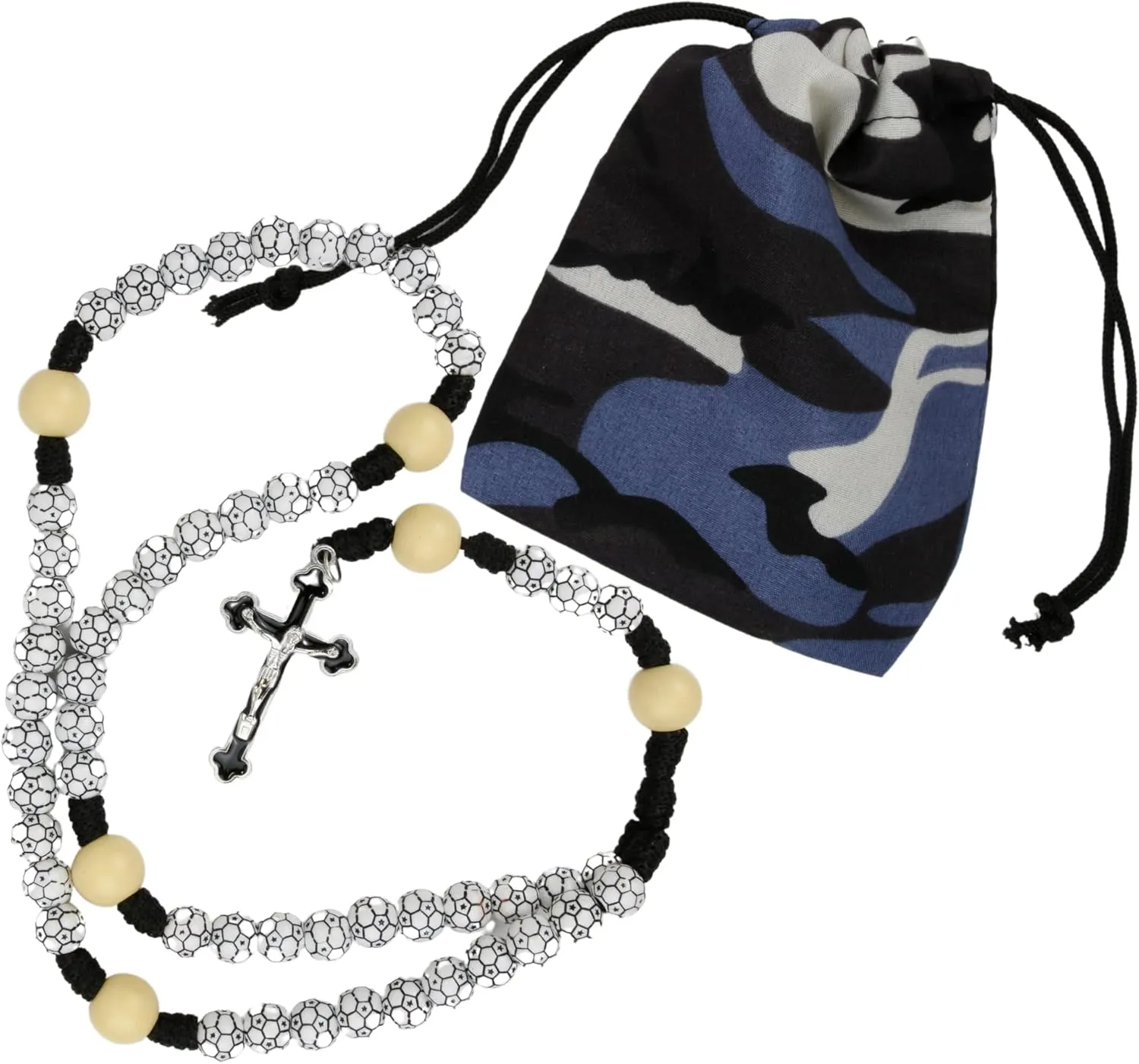 Needzo Sports Rosary with Camo Pouch, Catholic Soccer Prayer Beads, First Communion Gifts for Boys & Girls, 20 Inches