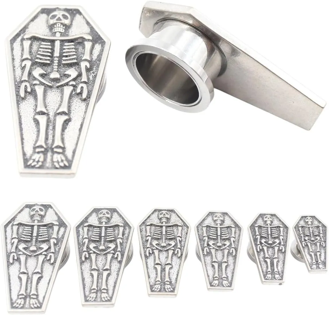 New 2025 2Pc Hexagon Skull Skeleton Coffin Stainless Ear Tunnel Plug Expander Stretcher Gauge Earring Piercing Body Jewelry Fashion Trendy Accessories Creative Gift