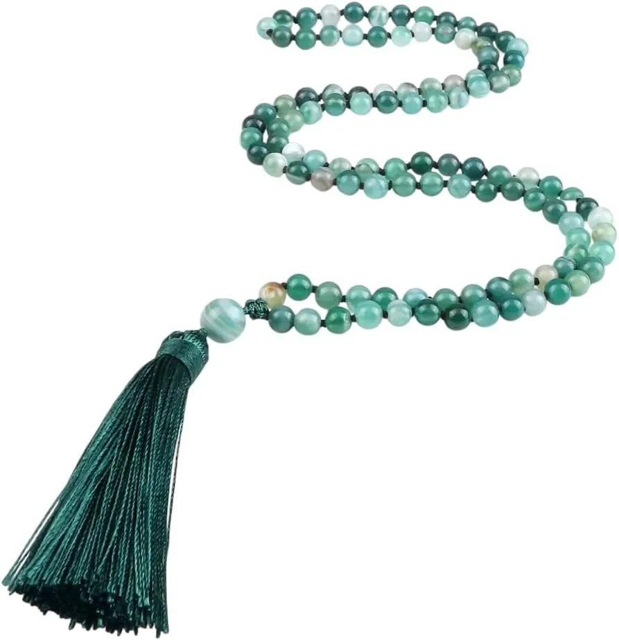 New 2025 Unisex 108 Beads Prayer Necklace Natural Green Stripe Onyx Stone Buddhist Buddha Meditation Bead Mala Women Men Decoration Jewelry Luxury With You Accessories Trendy Best For Gift And