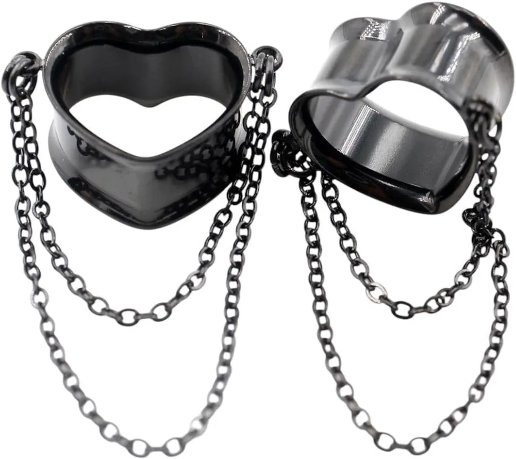 New 2025 Unisex 2Pcs Stainless Steel Heart Love Double Chains Pendant Ear Plugs Tunnels Expander Stretcher Gauges Body Piercing Jewelry Fashion Accessories Creative For Women And Men Men