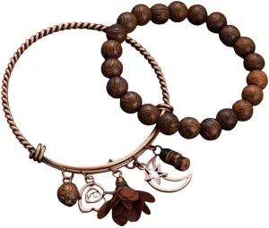 New 2025 Unisex Vintage Women's Flower Tree Tassel Alloy Bracelet Set Handmade Prayer Wooden Beads Fashion Jewelry Findings Female Gifts Trendy Accessories Creative Gift For Women And Men
