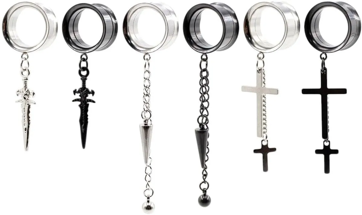 New 2026 Arrive 2Pc Stainless Steel Chain Cross Ball Spike Pendant Ear Plug Tunnel Expander Stretcher Gauges Piercing Body Jewelry Findings Fashion Trendy Accessories Creative Gift For Women And Men