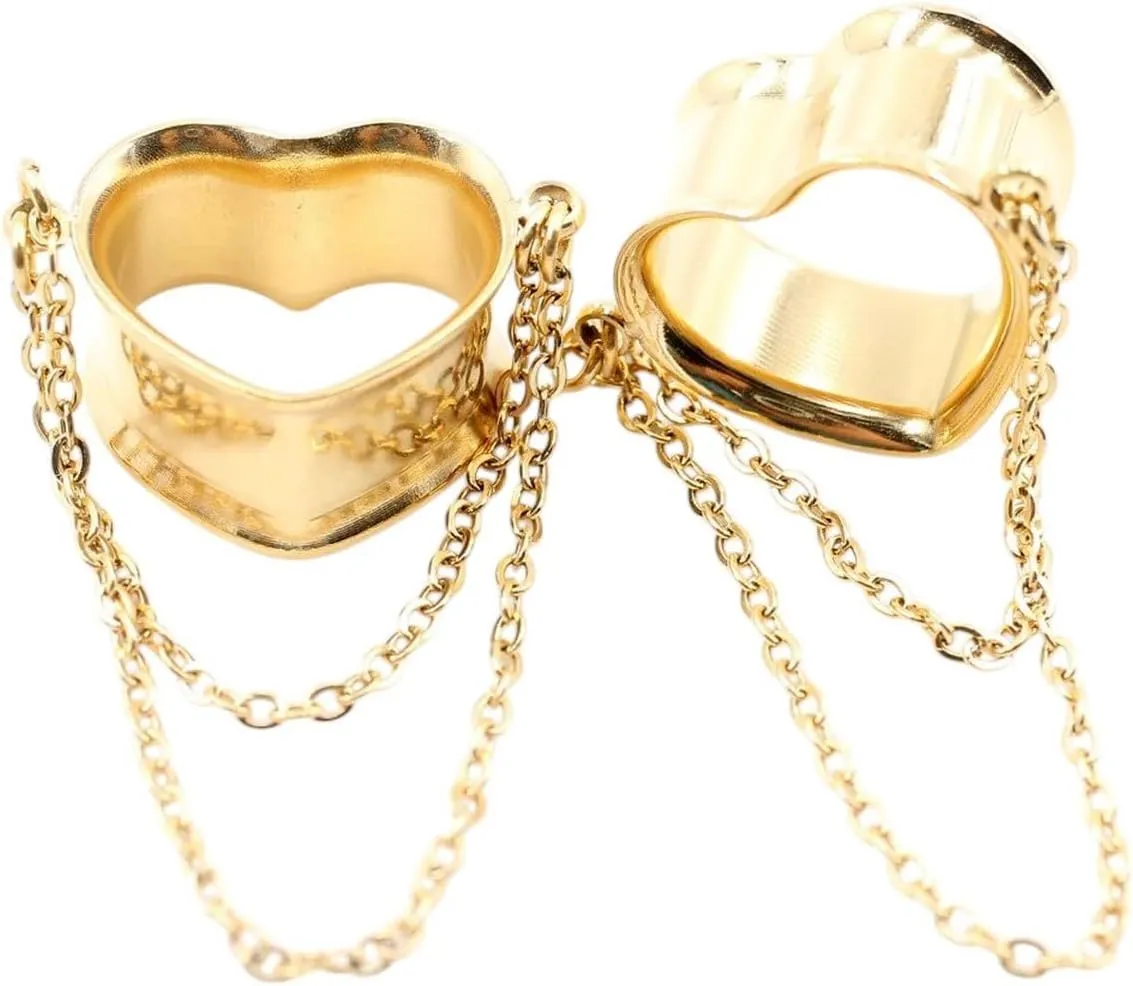 New 2026 Arrive 2Pcs Stainless Steel Heart Love Double Chains Pendant Ear Plugs Tunnels Expander Stretcher Gauges Body Piercing Jewelry Fashion Trendy Accessories Creative Gift For Women And Men