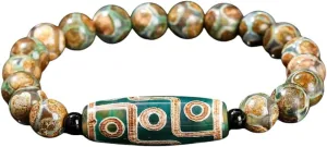New 2026 Unisex Natural Green Nine Eyes Tibetan Dzi Agate Barrel Beads Bracelet Women Men Retro Buddha Prayer Charm Yoga Jewelry Gift With For You Accessories Trendy Creative For Women And Men