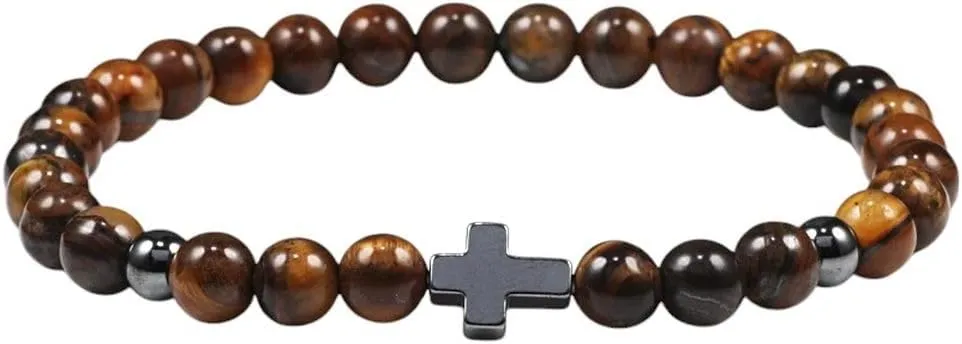 New 2026 Unisex Stainles Stell Cross Charm Bracelet For Men Women Handmade Beaded Natural Tiger Eye Bracelets Yoga Prayer Jewelry Gift Trendy Accessories Creative For Women And Men