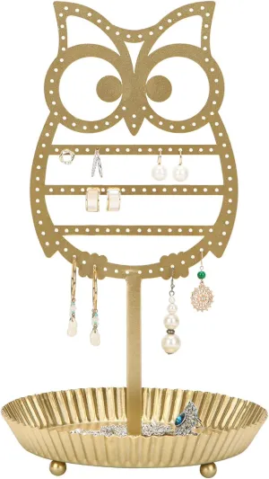 NIKKY HOME Earring Holder Hanging Organizer Stand Metal Jewelry Tree Table Top Owl Ear Stud Holder Tower Rack with Ring Tray for Girls (134 Holes), Gold