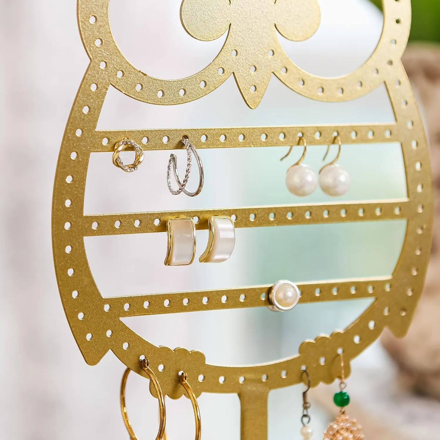 NIKKY HOME Earring Holder Hanging Organizer Stand Metal Jewelry Tree Table Top Owl Ear Stud Holder Tower Rack with Ring Tray for Girls (134 Holes), Gold
