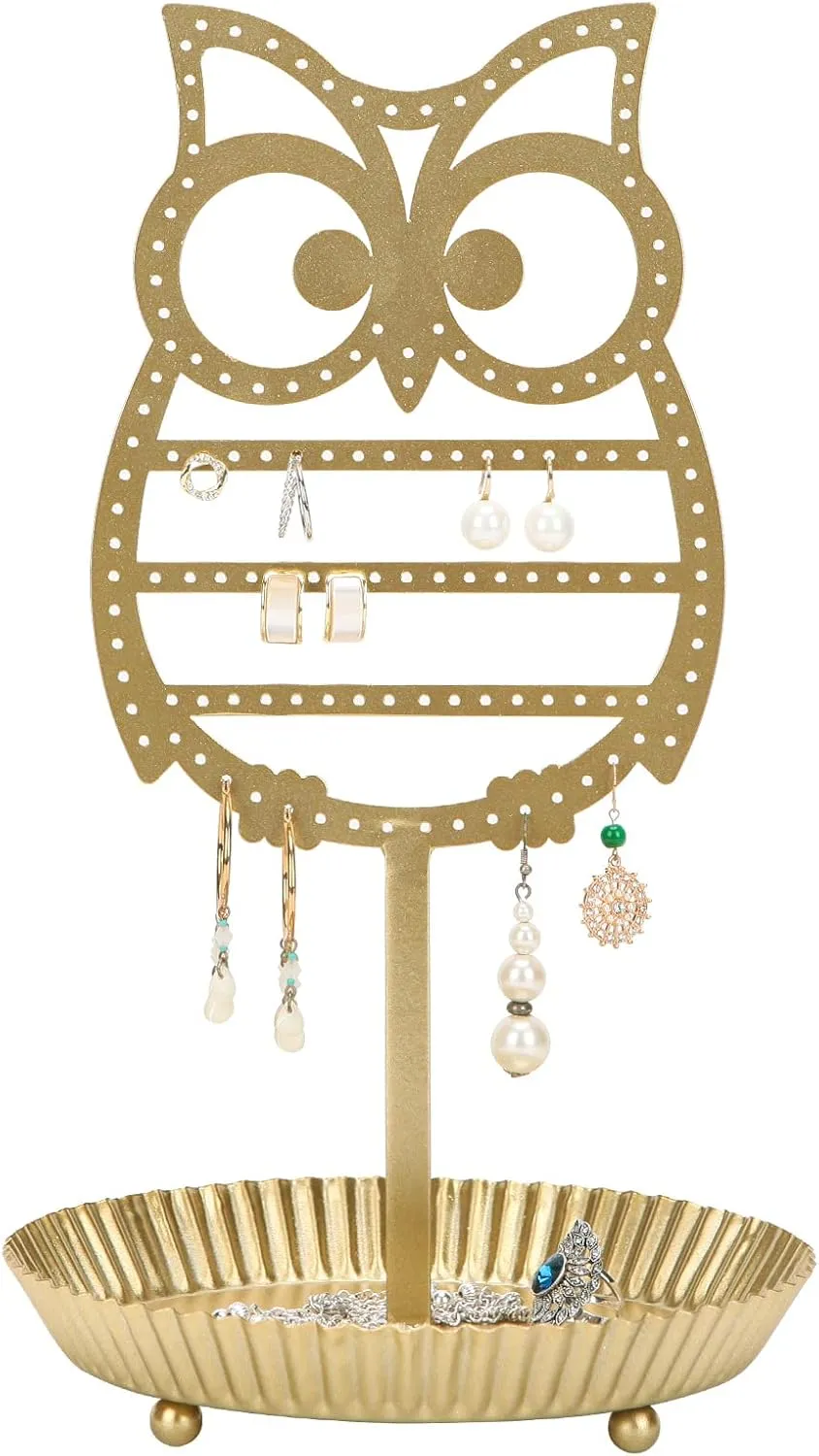 NIKKY HOME Earring Holder Hanging Organizer Stand Metal Jewelry Tree Table Top Owl Ear Stud Holder Tower Rack with Ring Tray for Girls (134 Holes), Gold