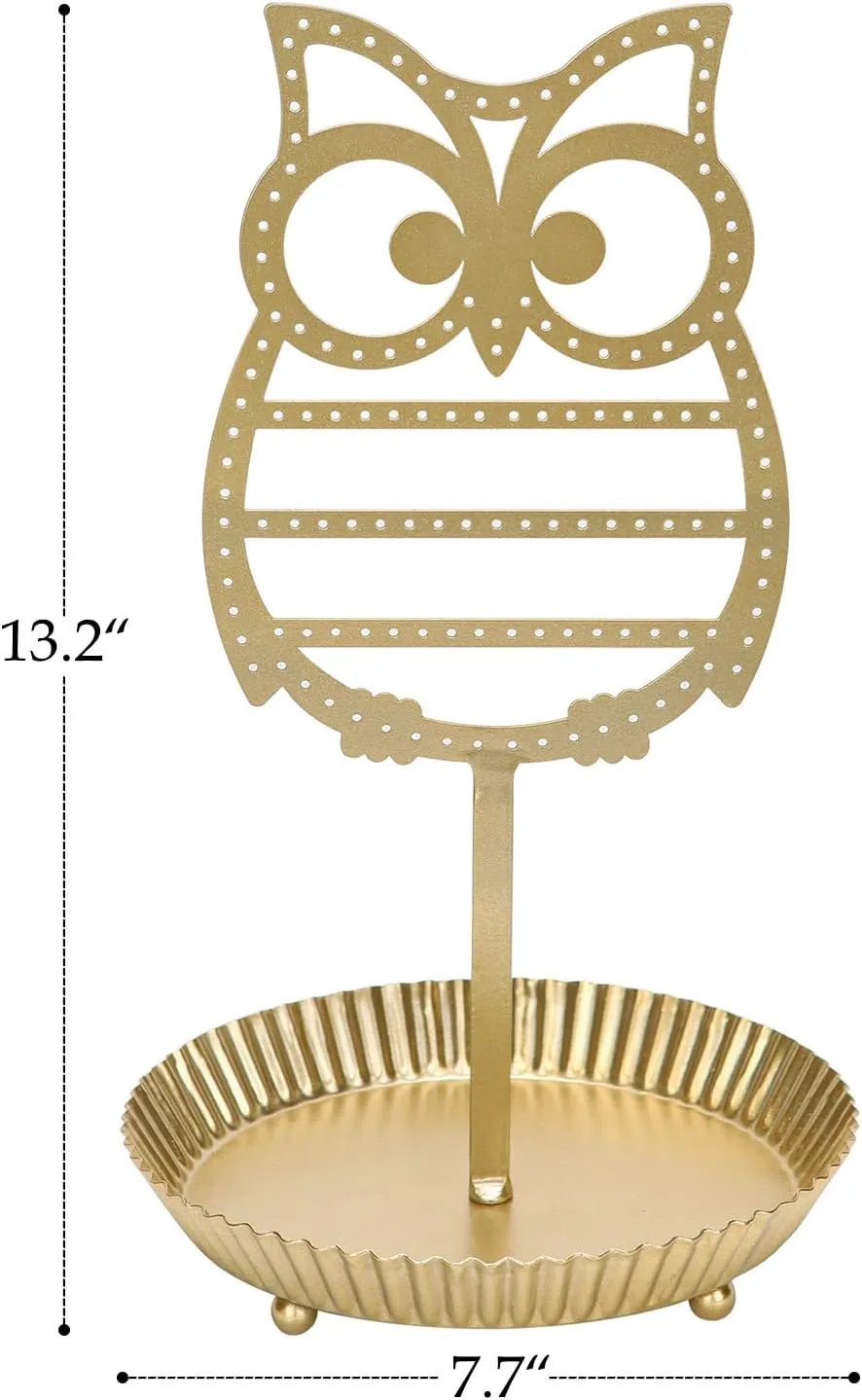 NIKKY HOME Earring Holder Hanging Organizer Stand Metal Jewelry Tree Table Top Owl Ear Stud Holder Tower Rack with Ring Tray for Girls (134 Holes), Gold