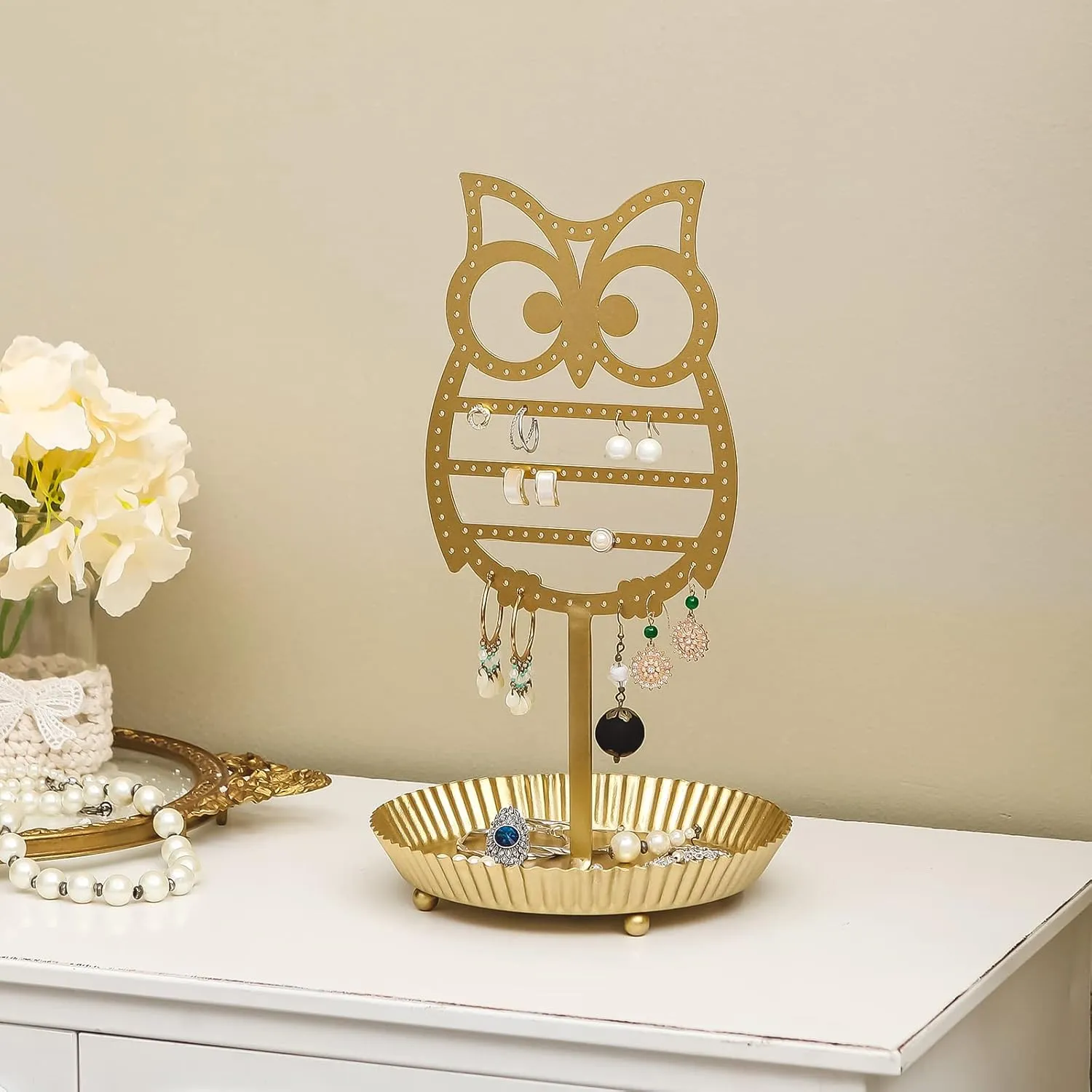 NIKKY HOME Earring Holder Hanging Organizer Stand Metal Jewelry Tree Table Top Owl Ear Stud Holder Tower Rack with Ring Tray for Girls (134 Holes), Gold