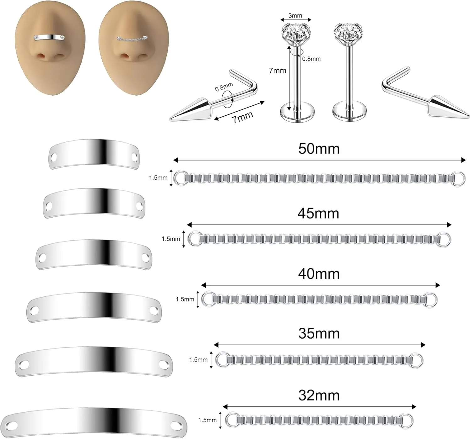Nose Chain Spike Nose Rings Studs Surgical Steel Across Top Nose Piercing Jewelry Nostril Chain for Women Men Double Nose Piercing Nostril Bridge Jewelry, Black Silver