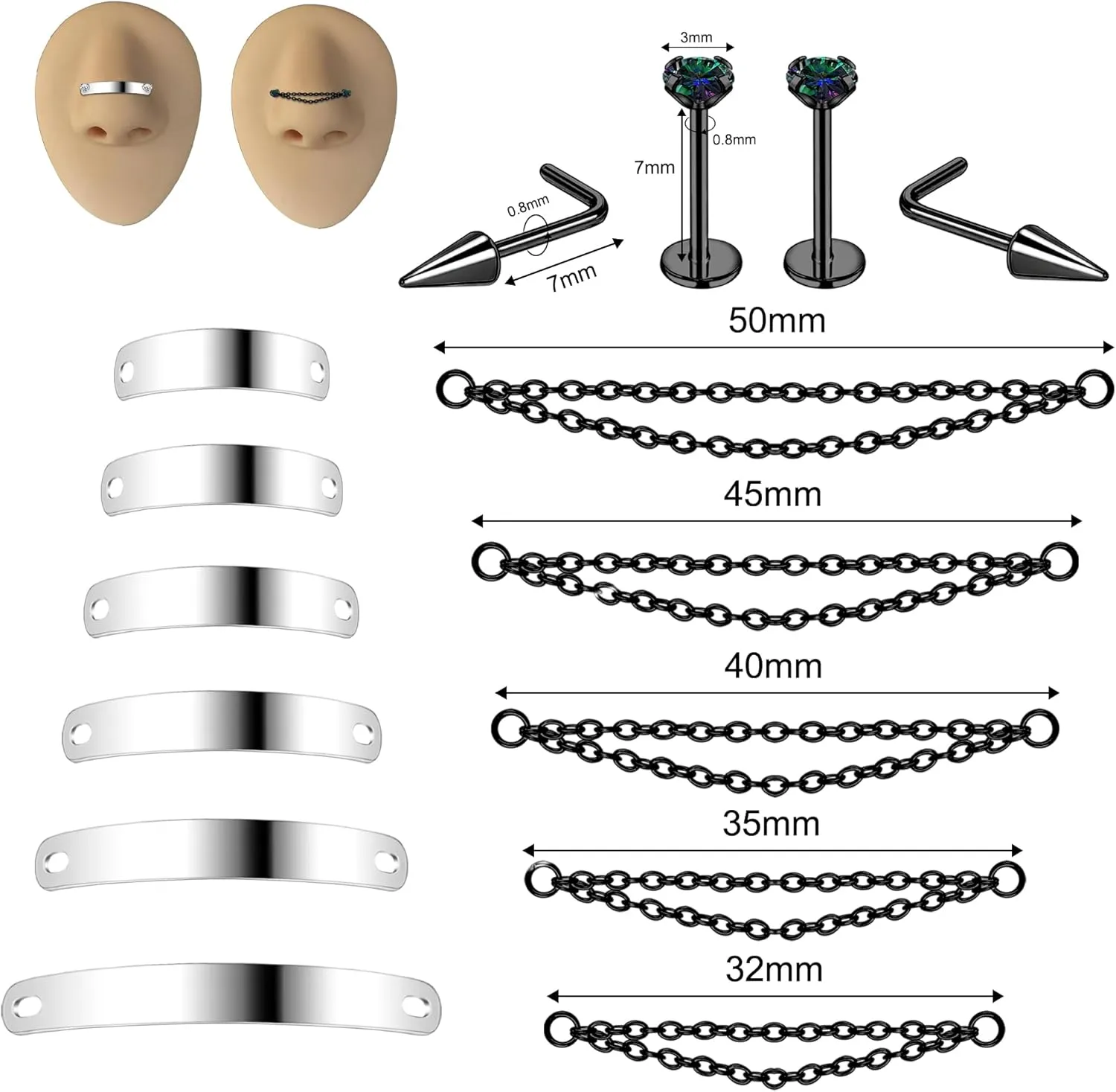 Nose Chain Spike Nose Rings Studs Surgical Steel Across Top Nose Piercing Jewelry Nostril Chain for Women Men Double Nose Piercing Nostril Bridge Jewelry, Black Silver