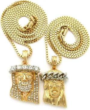 NYFASHION101 Silver-Tone Cuban Crown and 3D Stone Crown Jesus Pendant Set 2mm 24" & 30" Box Chains in Gold-Tone