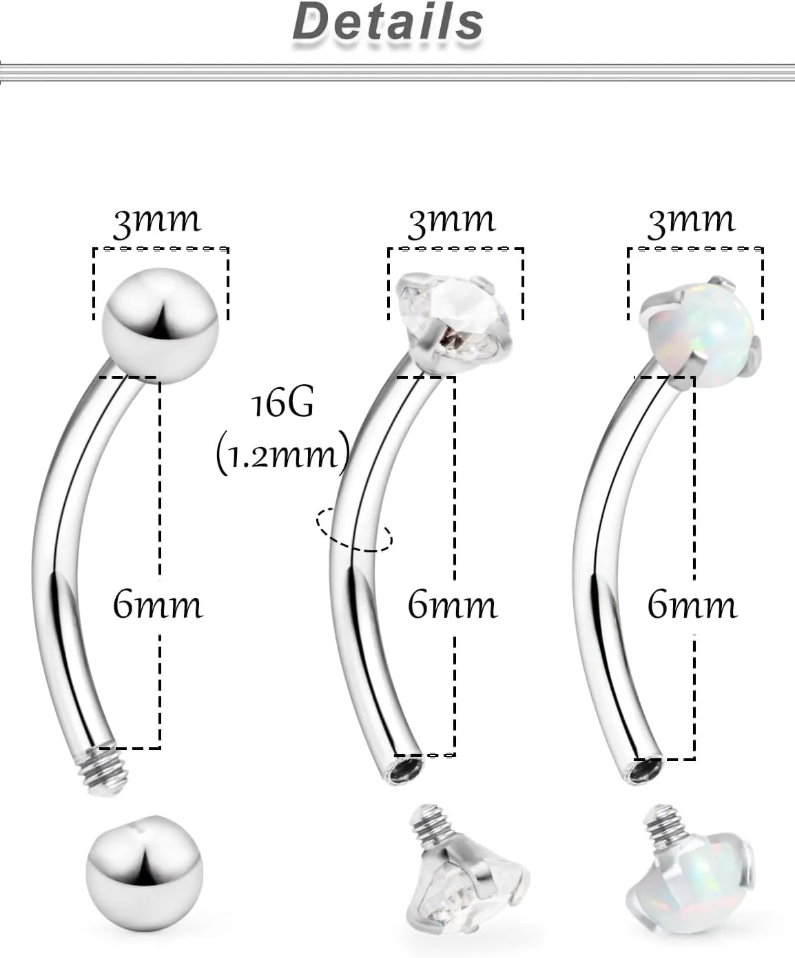 Ocptiy 16G Eyebrow Rook Piercing Jewelry Small Belly Button Ring 316L Surgical Steel Snake Eye Tongue Curved Barbell Vertical Lip Labret Piercing Jewelry for Women Men 6mm 8mm 10mm Bars 3mm Opal CZ