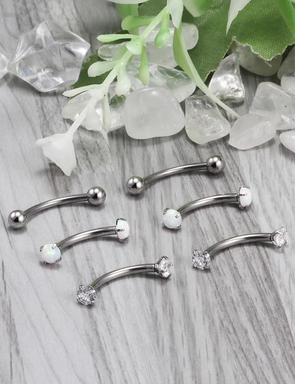 Ocptiy 16G Eyebrow Rook Piercing Jewelry Small Belly Button Ring 316L Surgical Steel Snake Eye Tongue Curved Barbell Vertical Lip Labret Piercing Jewelry for Women Men 6mm 8mm 10mm Bars 3mm Opal CZ