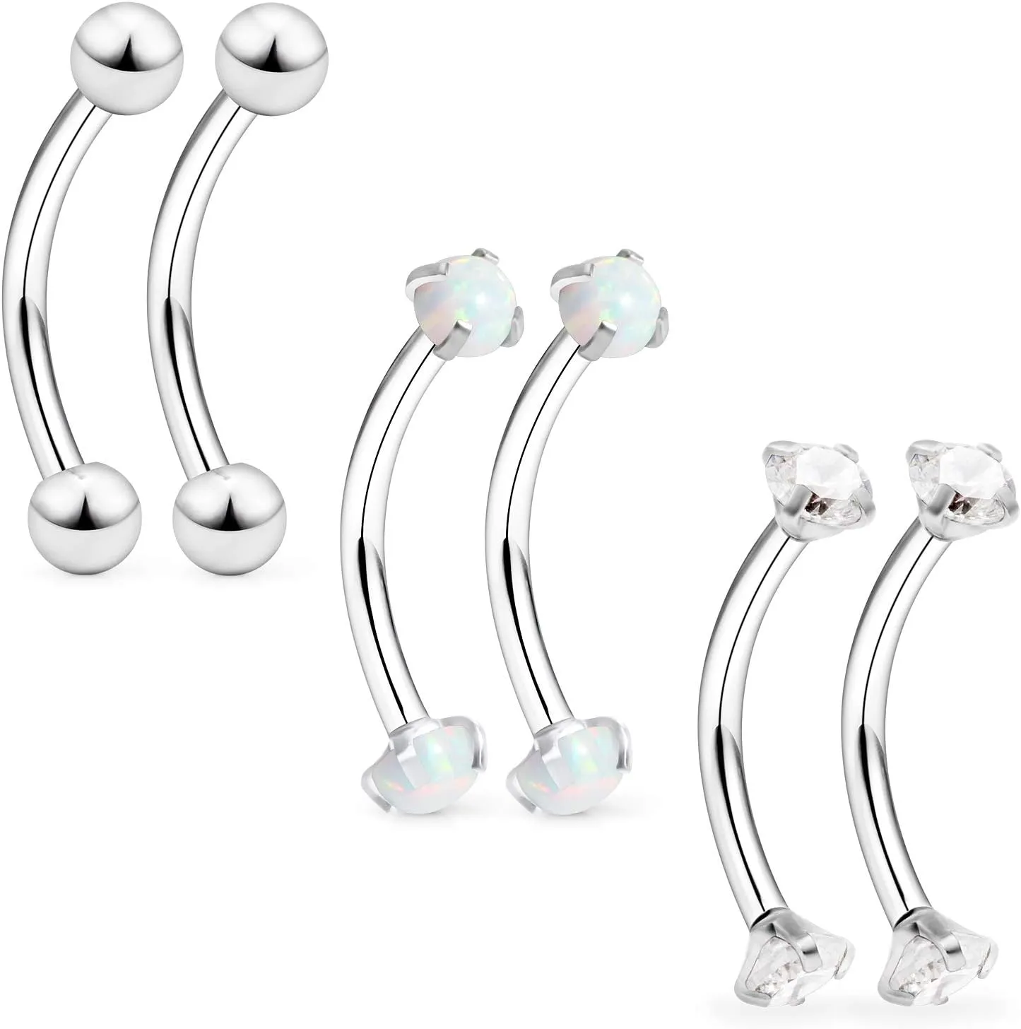 Ocptiy 16G Eyebrow Rook Piercing Jewelry Small Belly Button Ring 316L Surgical Steel Snake Eye Tongue Curved Barbell Vertical Lip Labret Piercing Jewelry for Women Men 6mm 8mm 10mm Bars 3mm Opal CZ