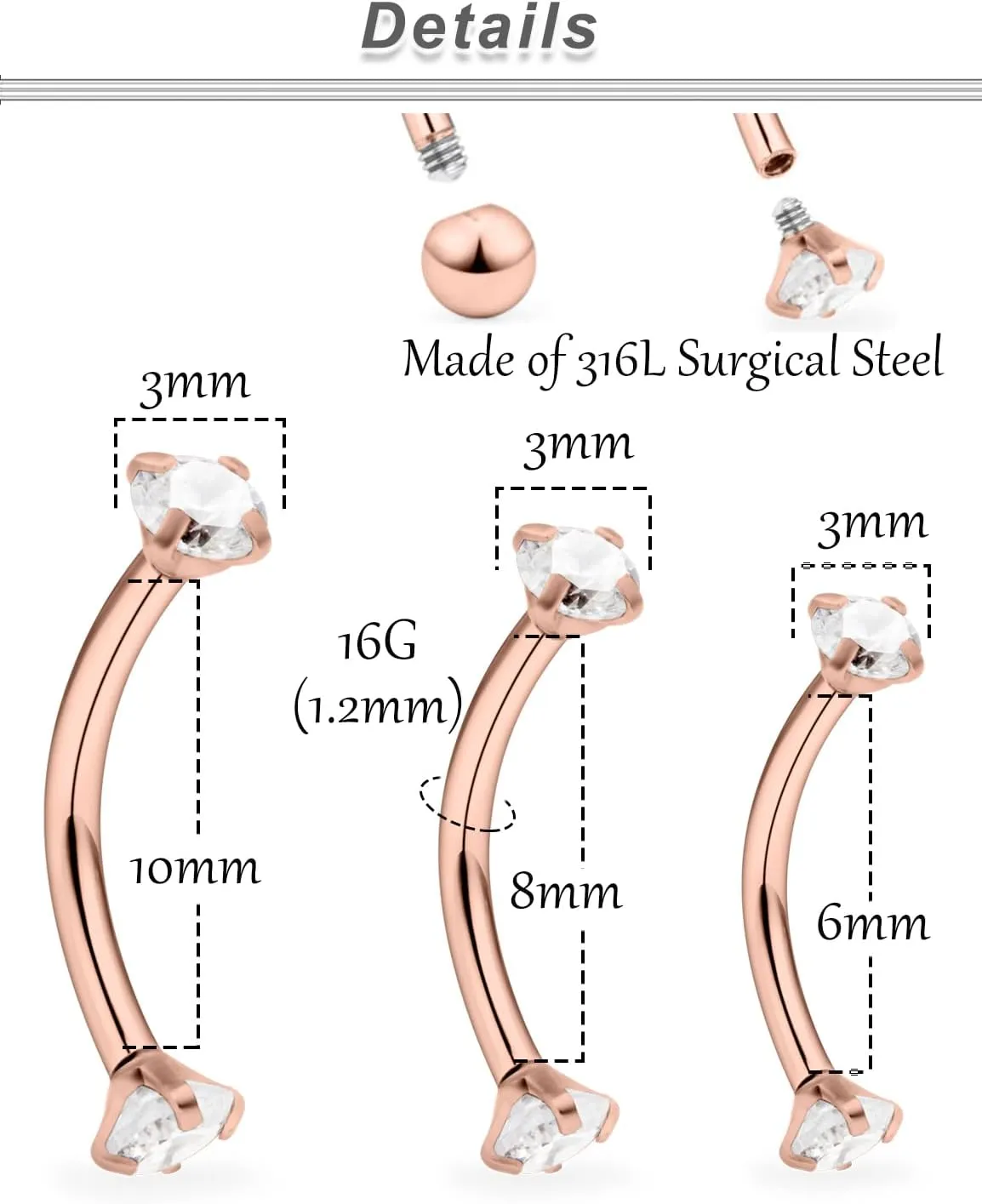 Ocptiy 16G Rook Piercing Jewelry Eyebrow Rings Hypoallergenic Surgical Steel Vertical Lip Labret Belly Snake Eye Tongue Ring Daith Earring Piercing Jewelry for Men Women Curved Barbells 6mm 8mm 10mm