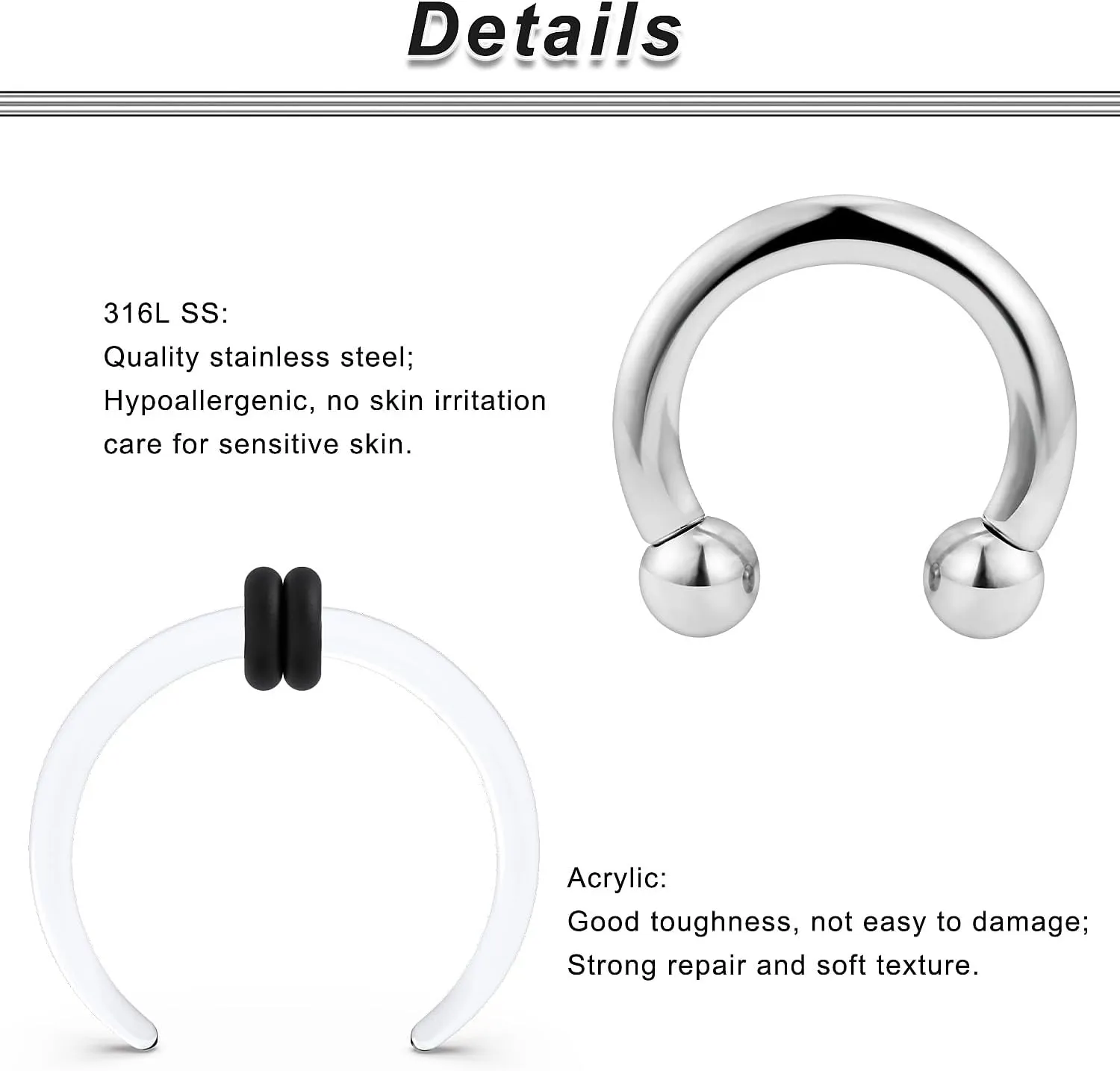 Ocptiy 2G 4G 6G 8G 12G 14G Large Septum Rings Ear Gauges Internally Threaded Spike Horseshoe Barbells Stainless Steel & Acrylic Pincher Tapers C Shape Buffalo Stretcher Expander for Women Men