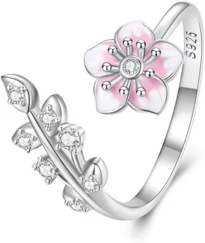 OIDIMS Pink Cherry Blossoms Open Adjustable Ring S925 Sterling Silver Hypoallergenic CZ Crystal Wedding Rings Promise Love Engagement Statement Cubic Zirconia Flower Jewelry for Women Bff
