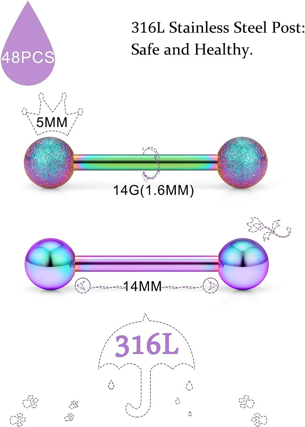 Oufksiyy 48PCS 14G 16mm Tongue Nipple Ring Surgical Steel Straight Barell Glow in The Dark Acrylic Metal Tongue Nipple Rings Retainer Piercing Jewelry 24 Pairs for Women Men