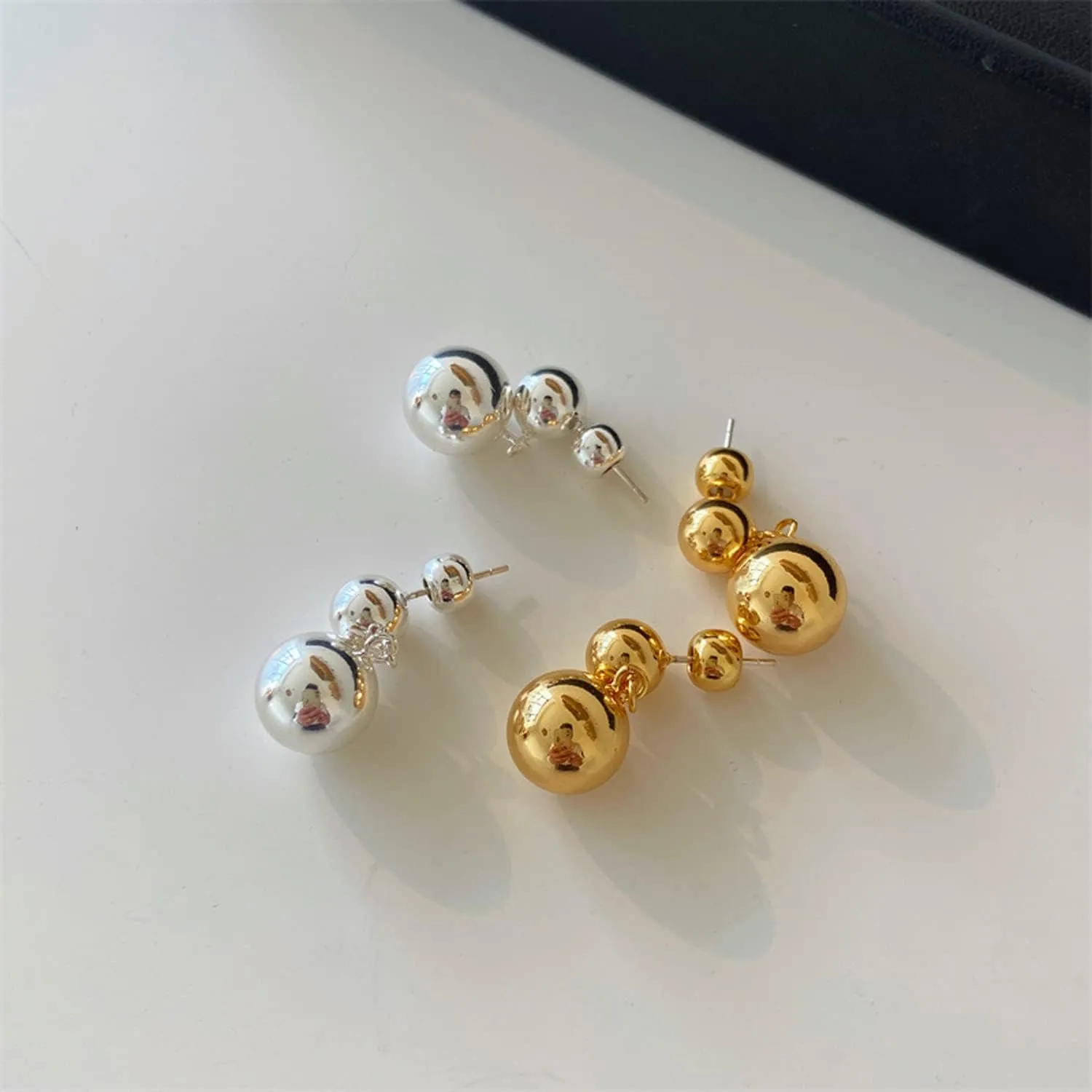 OwMell Double Ball Simulated Pearl Dangle Drop Earrings for Women, 925 Sterling Silver Post Double Beads Earrings