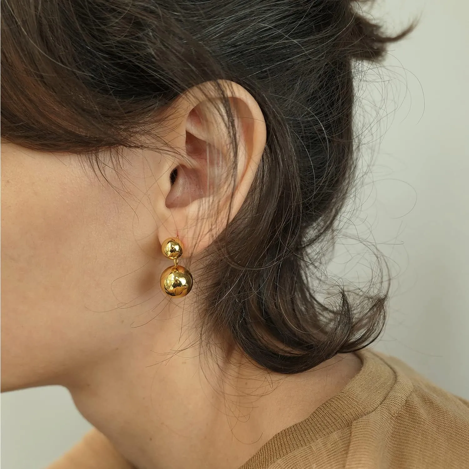 OwMell Double Ball Simulated Pearl Dangle Drop Earrings for Women, 925 Sterling Silver Post Double Beads Earrings
