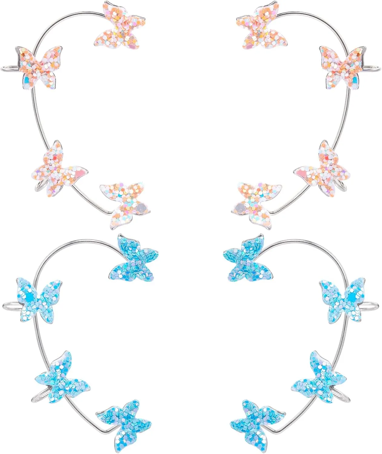 PAGOW 2 Pairs Alloy Gothic Elf Earrings for Left & Right Ear Decoration, Piercing Elf Shape Cosplay Ear Cuff Clip Wrap Punk Earring Studs Crawler Earrings for Women Girls Female Family Friends- Platinum & Gold
