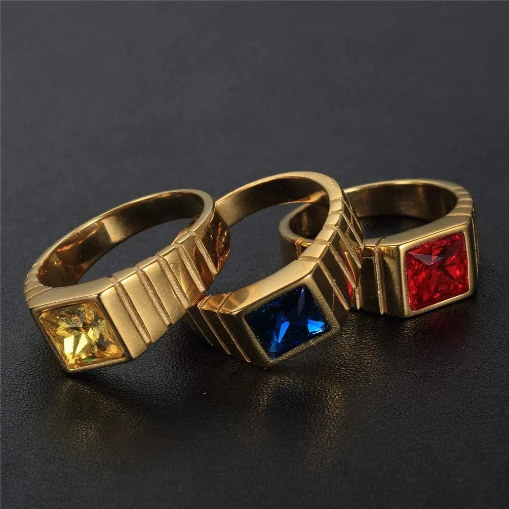 PAMTIER Men's Stainless Steel Gold/Silver Plated Square Gem Ring with Multicolor Cubic Zircona