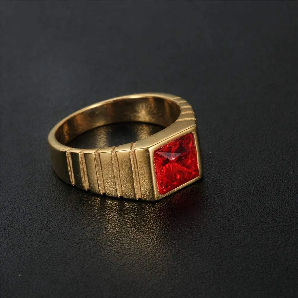 PAMTIER Men's Stainless Steel Gold/Silver Plated Square Gem Ring with Multicolor Cubic Zircona
