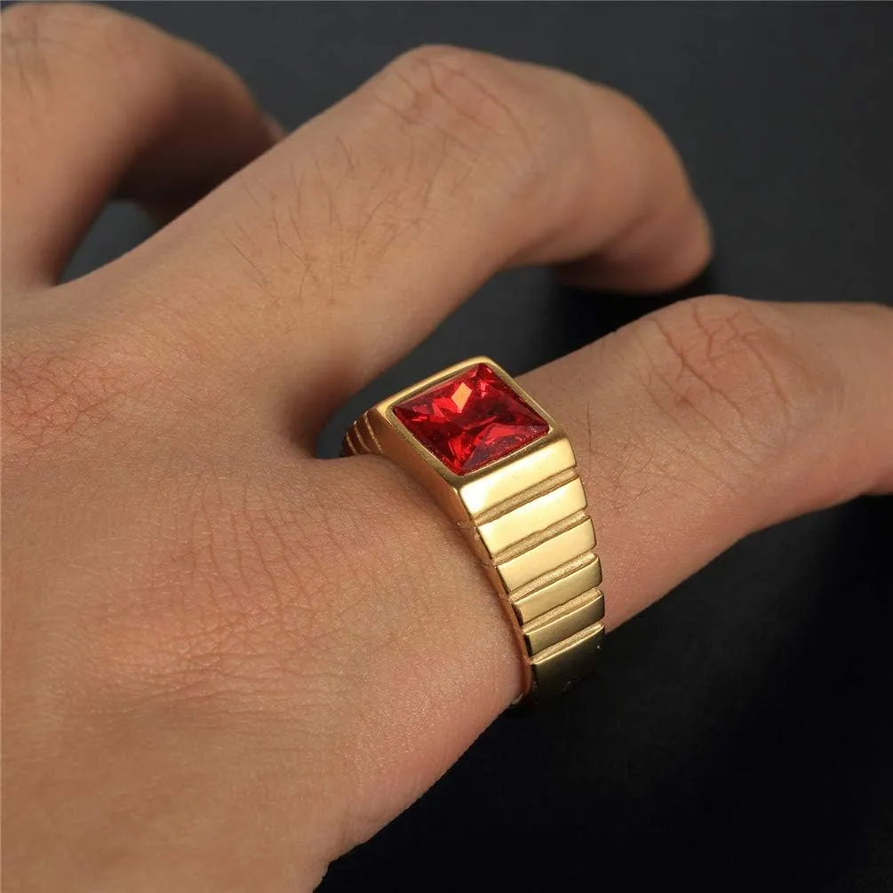 PAMTIER Men's Stainless Steel Gold/Silver Plated Square Gem Ring with Multicolor Cubic Zircona