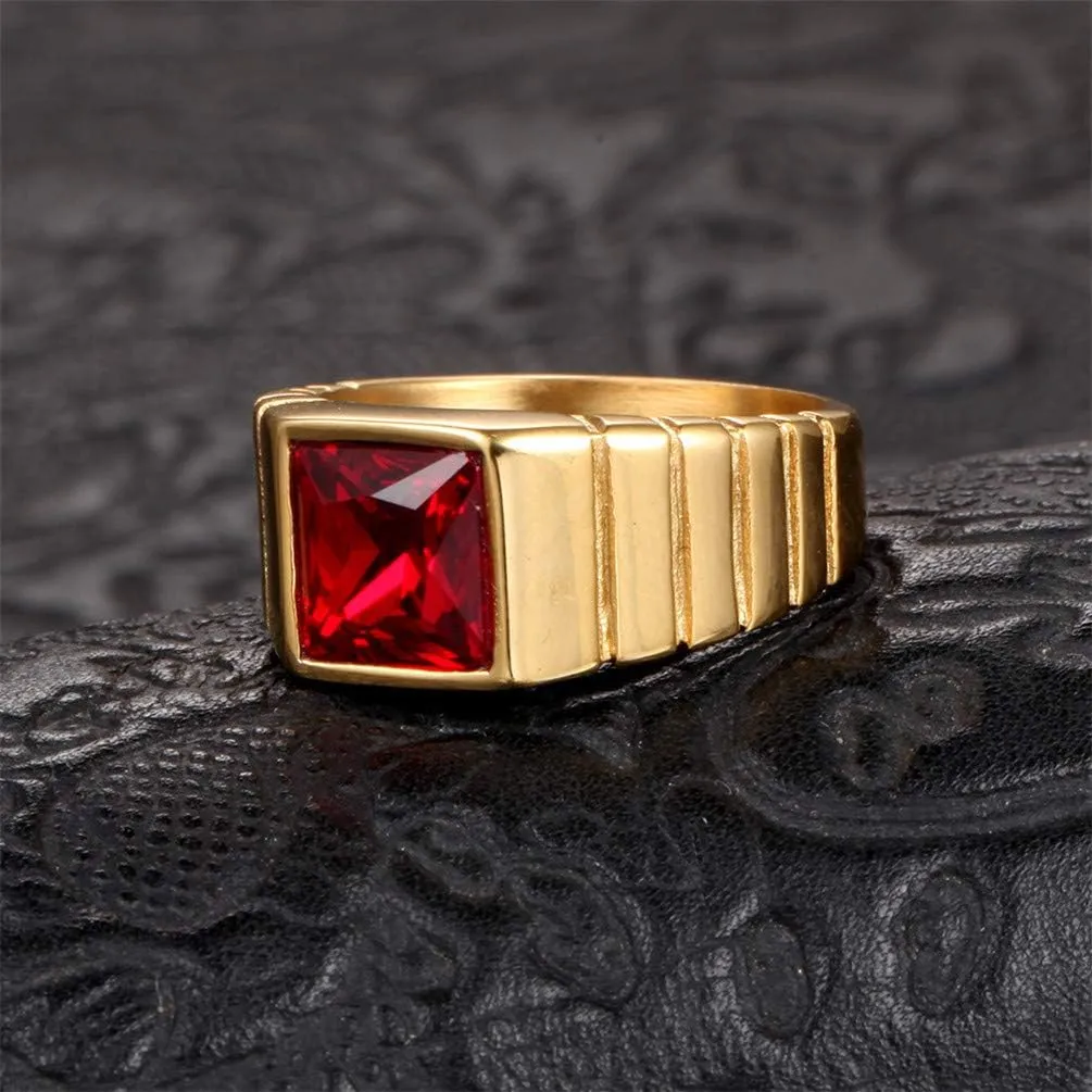 PAMTIER Men's Stainless Steel Gold/Silver Plated Square Gem Ring with Multicolor Cubic Zircona