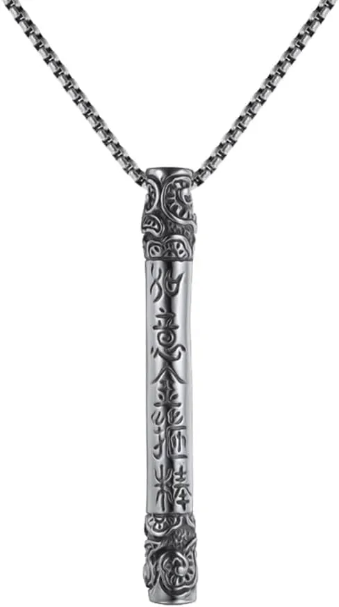 PAMTIER Men's Stainless Steel Vintage Monkey King Golden Cudgel Mantra Special Flower Clouds Pattern Inlay Biker Necklace