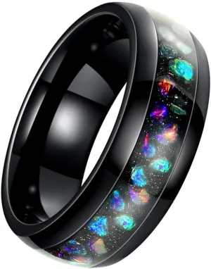 PAMTIER Women Stainless Steel Couple Ring 8mm Star Ring Galaxy Opal Inlay Multi-Colored Wedding Statement Band