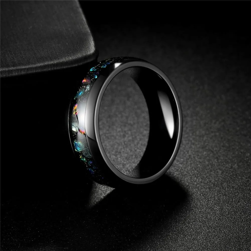 PAMTIER Women Stainless Steel Couple Ring 8mm Star Ring Galaxy Opal Inlay Multi-Colored Wedding Statement Band