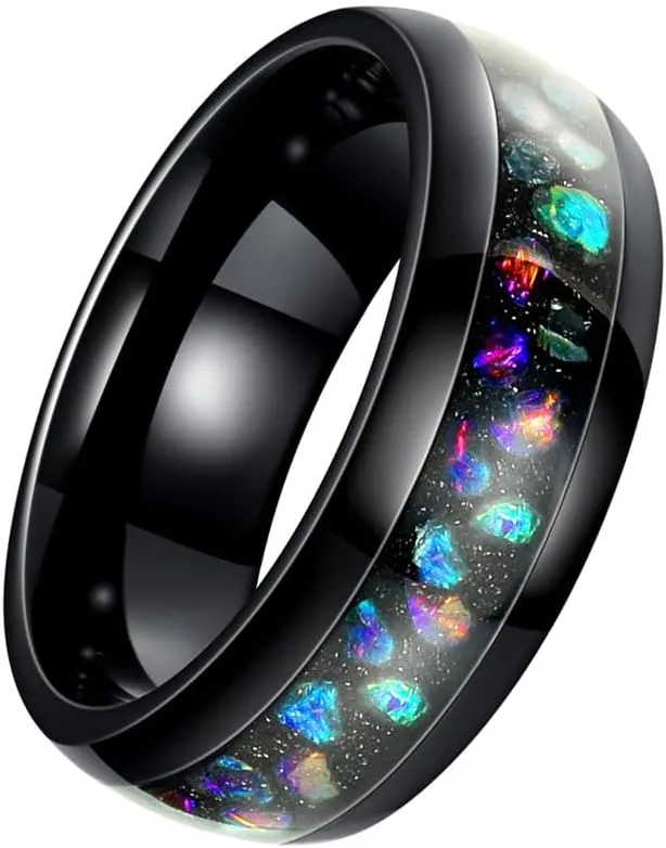 PAMTIER Women Stainless Steel Couple Ring 8mm Star Ring Galaxy Opal Inlay Multi-Colored Wedding Statement Band