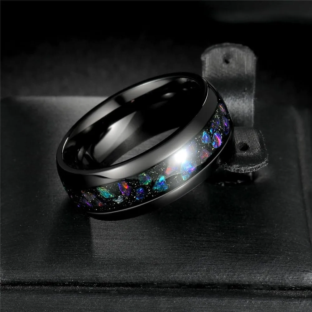 PAMTIER Women Stainless Steel Couple Ring 8mm Star Ring Galaxy Opal Inlay Multi-Colored Wedding Statement Band