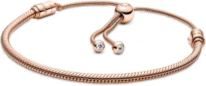 PANDORA Moments Snake Chain Slider Bracelet - Gift for Her - Compatible Moments Rose 14k Rose Gold Plated Bracelet with Cubic Zirconia - With Gift Box - 11"
