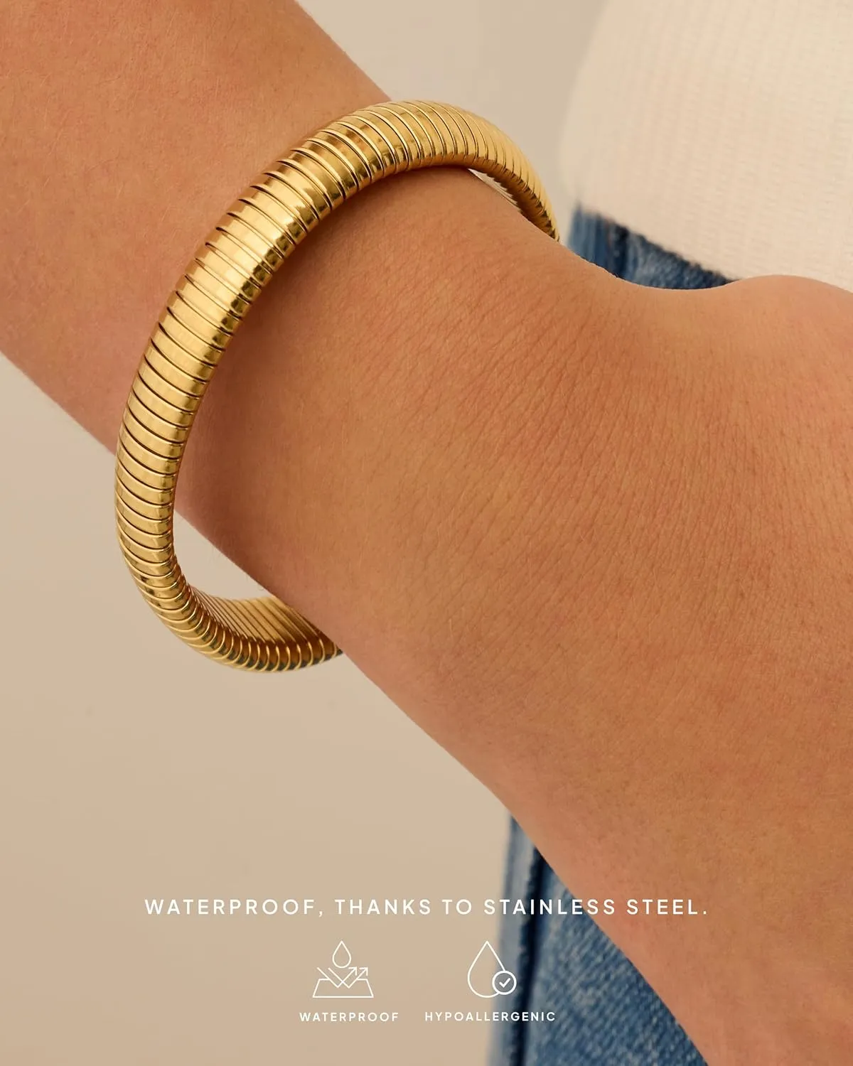 PAVOI Stainless Steel 14K Gold Plated Waterproof Flexible Stretch Chunky Bangle for Women | Cobra Bracelet