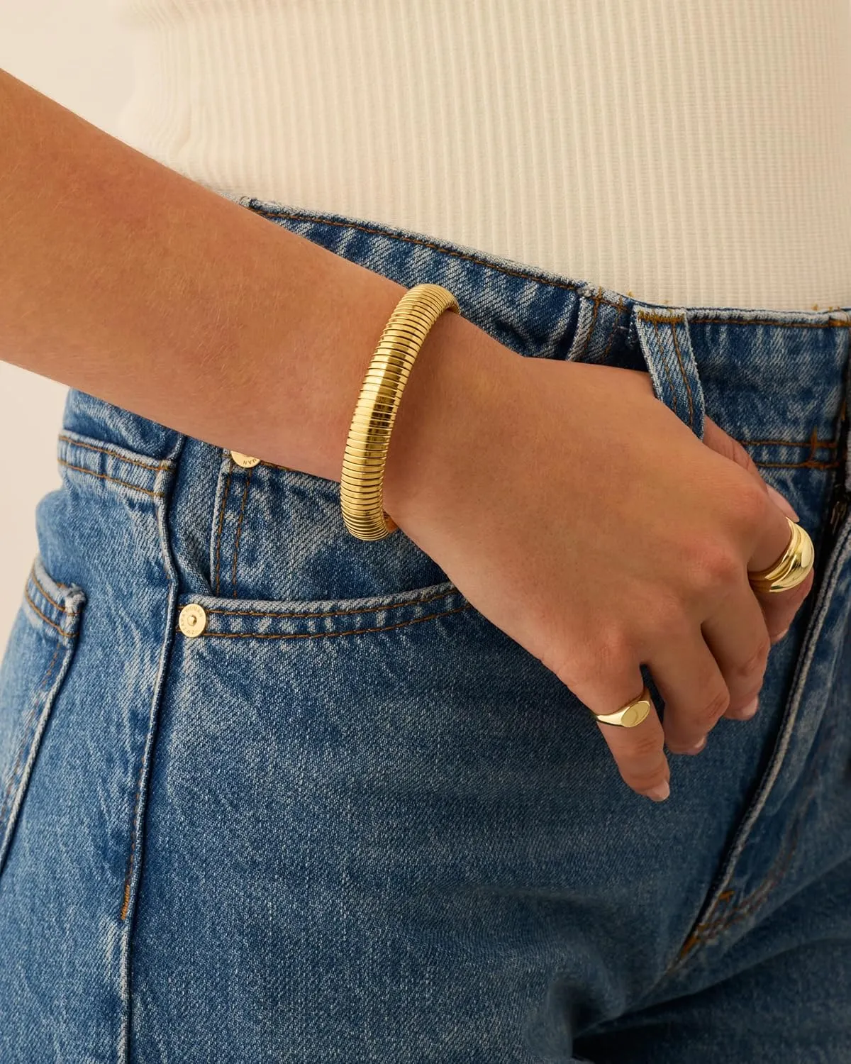 PAVOI Stainless Steel 14K Gold Plated Waterproof Flexible Stretch Chunky Bangle for Women | Cobra Bracelet